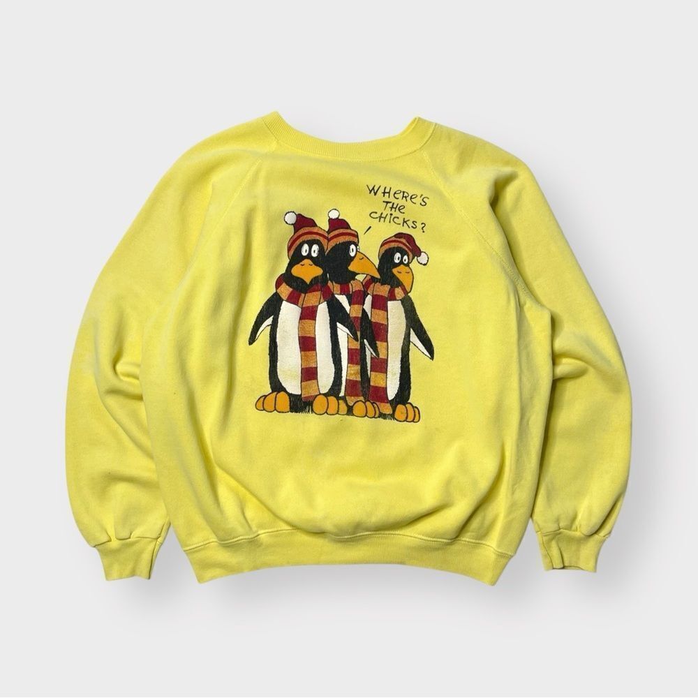 Vtg 80s Hanes Where's The Chicks Penguins Puff Print Shirt, Pastel Yellow USA XL